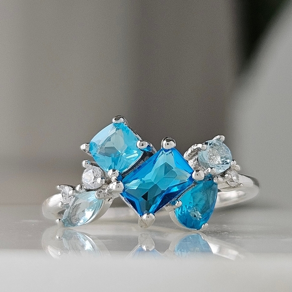 Blue Aquamarine Swarovski crystal ring, 925 Sterling Silver - Picture 6 of 7